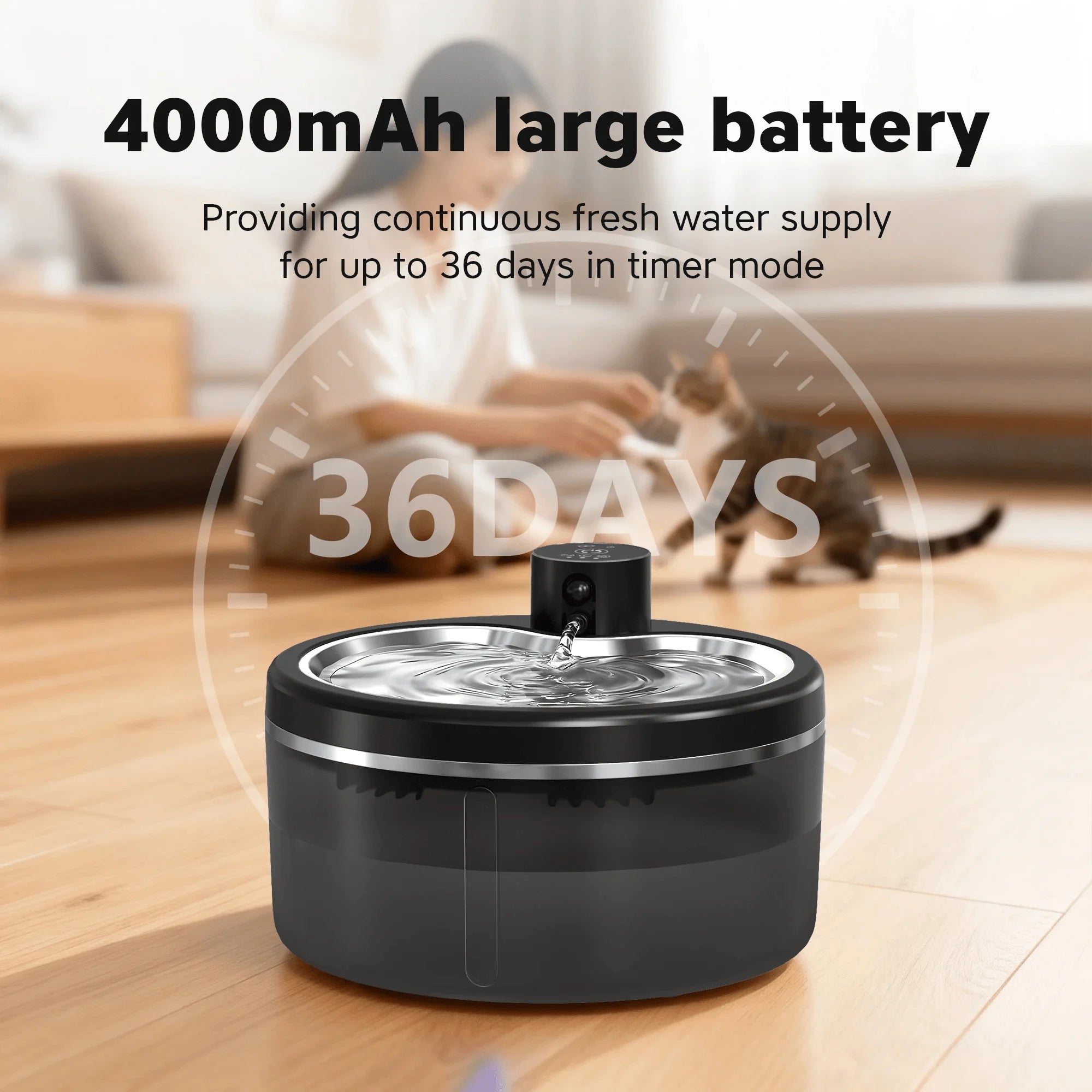 Pet Water Fountain - 3L Cordless Automatic Pet Water Fountain with Water Level Window, Low Water Level Alarm - Motion Sensor